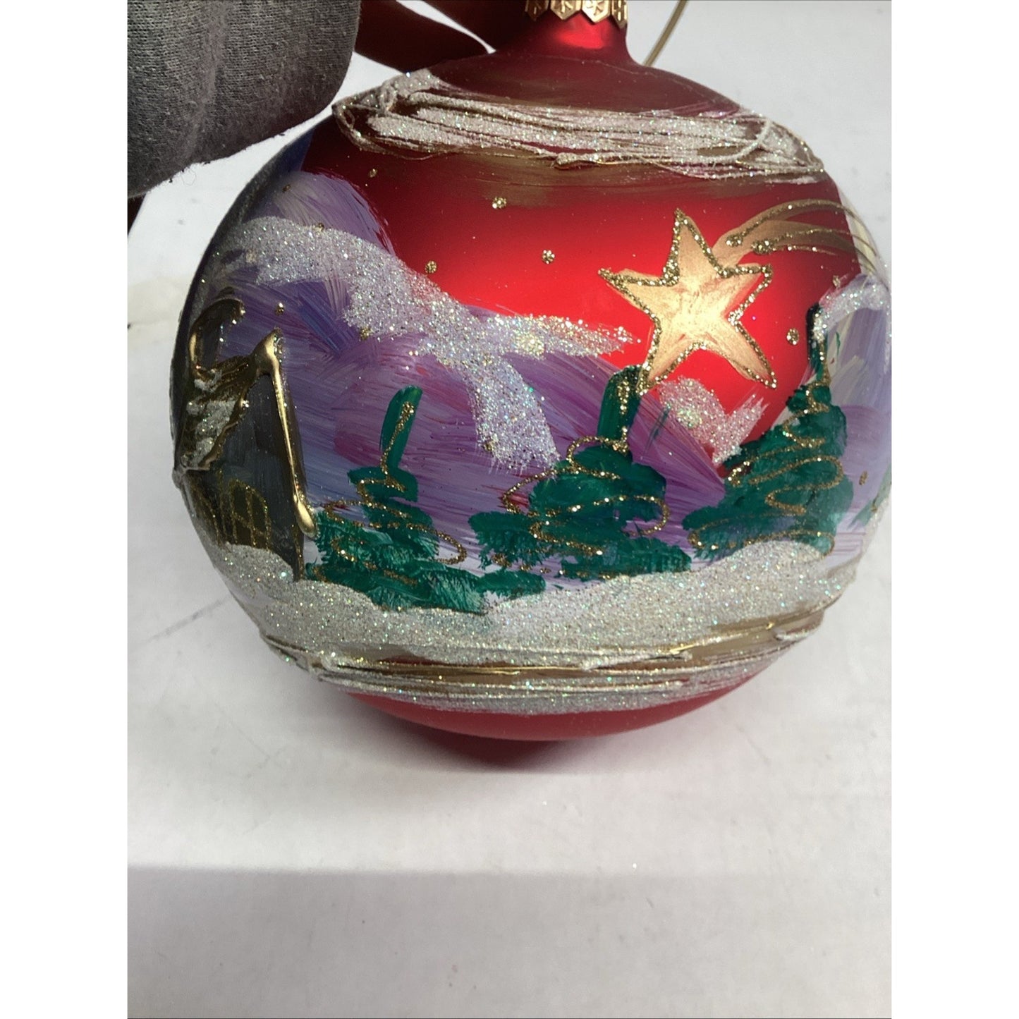 Hand Painted Large Glass Christmas Ball Ornament - Houses And Trees - Glitter -