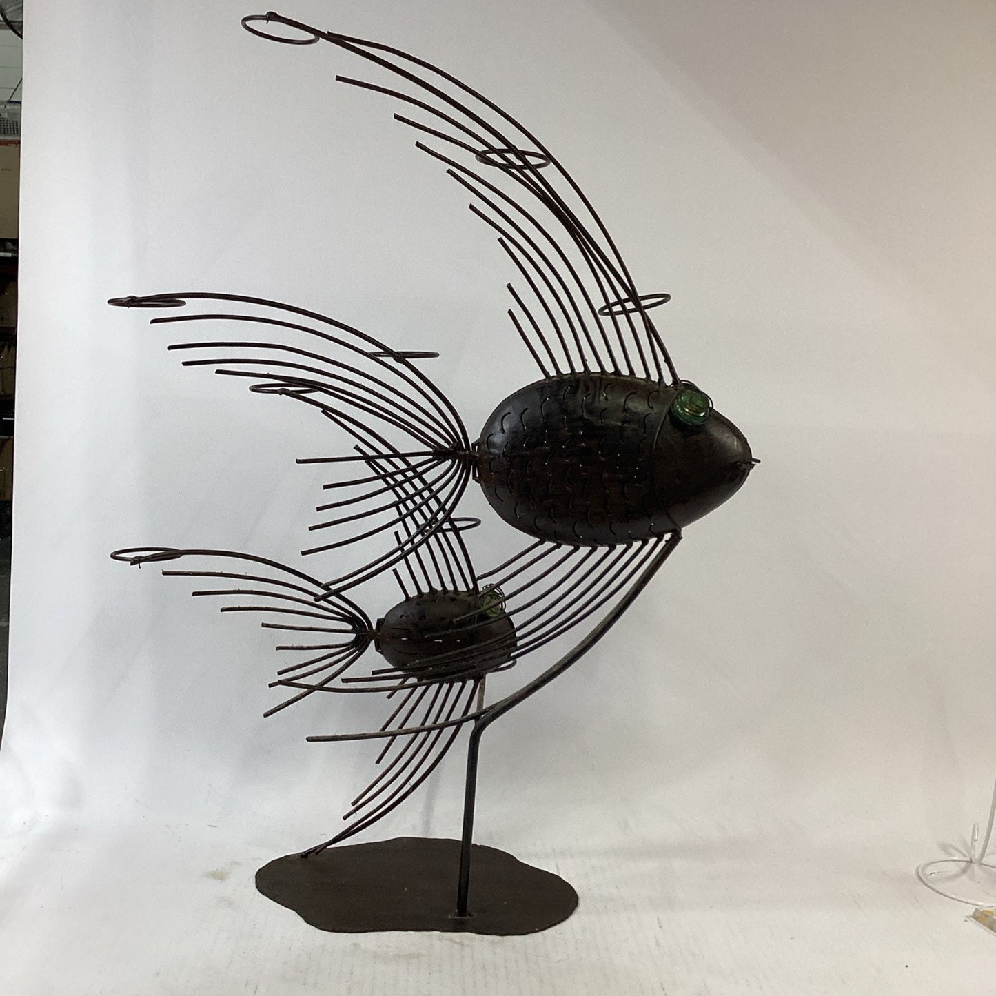 Vintage Large 27”H Steampunk Style Wire Metal Angelfish Sculpture W/ Green Eyes