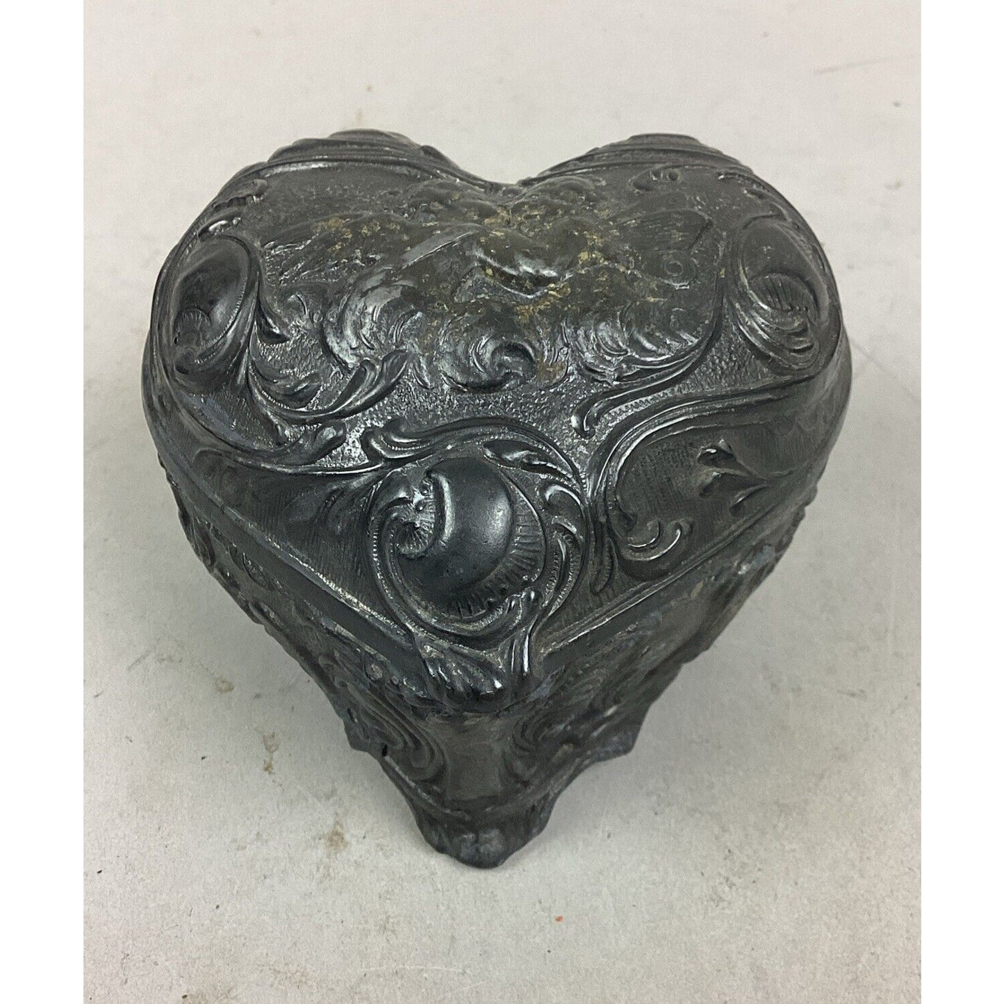 Heart Shaped Jewelry Casket Antique Metal With Hinged Lid & Silk Lining