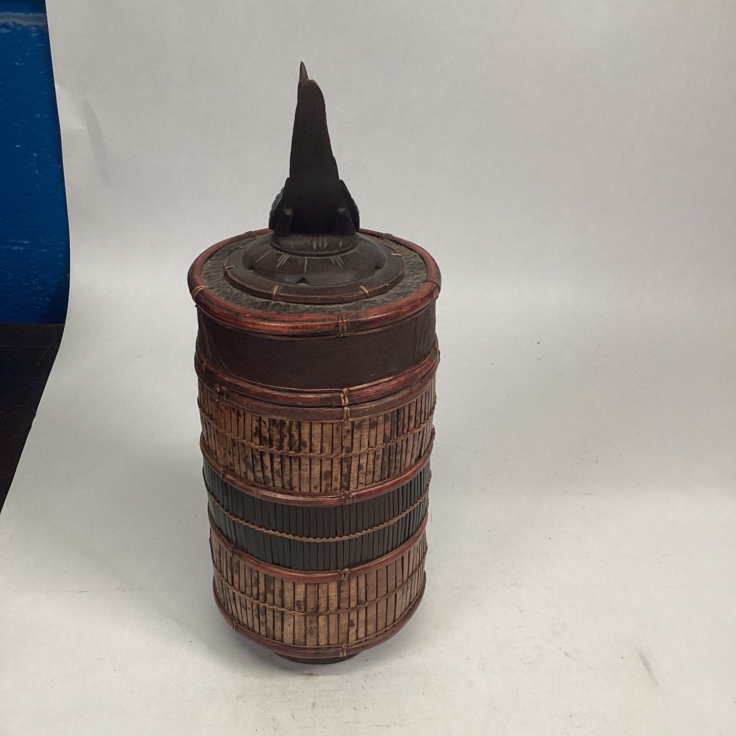 Indonesian / Balinese Handcrafted Carved Bamboo Crane Container With Lid - 12”H