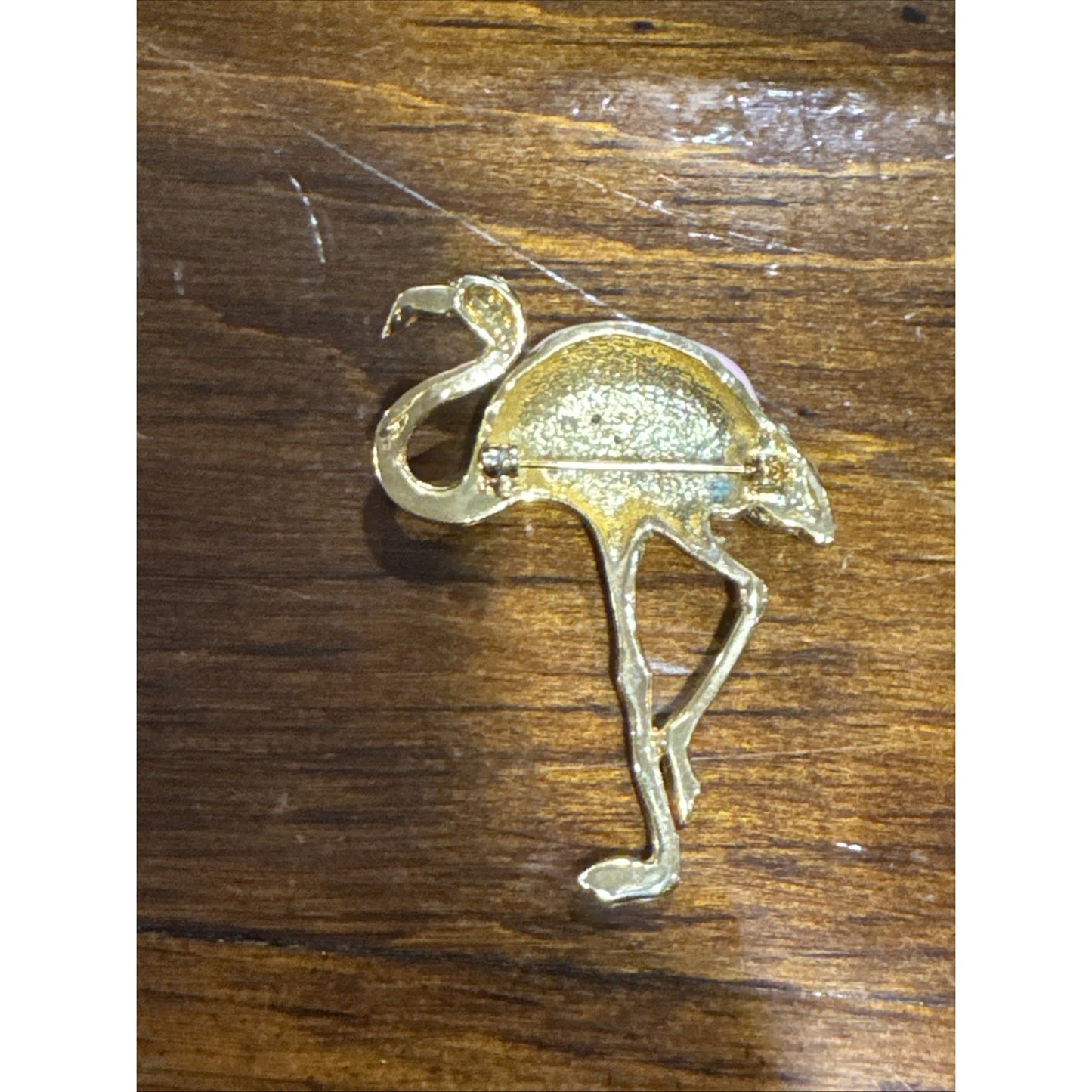 Vintage Flamingo Bird Pin Brooch Pink Enamel Gold Tone Figural Jewelry Green Eye