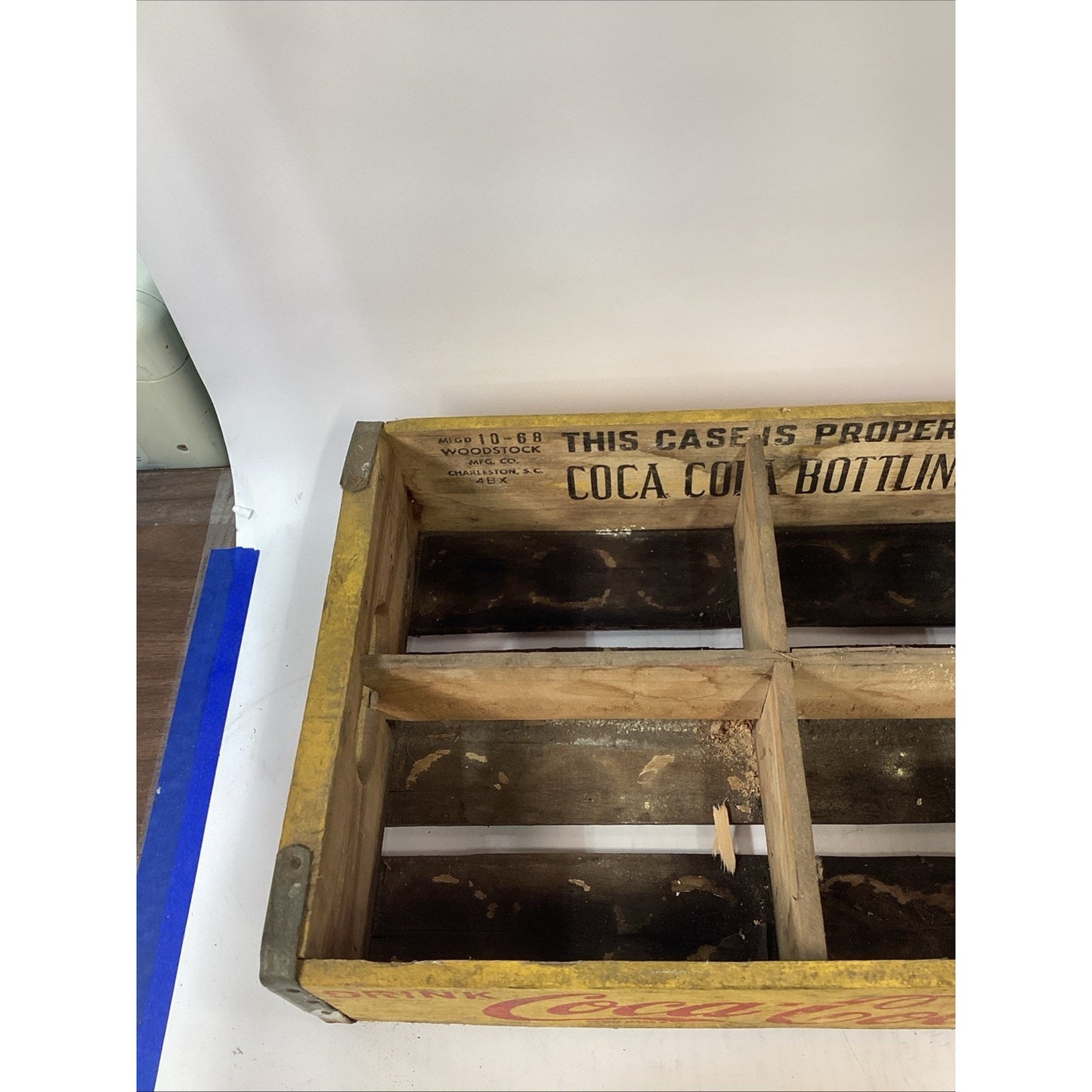 Vintage 1968 Wooden Coca Cola Yellow Wood Crate W/ 6 Bottles In Holder - SC