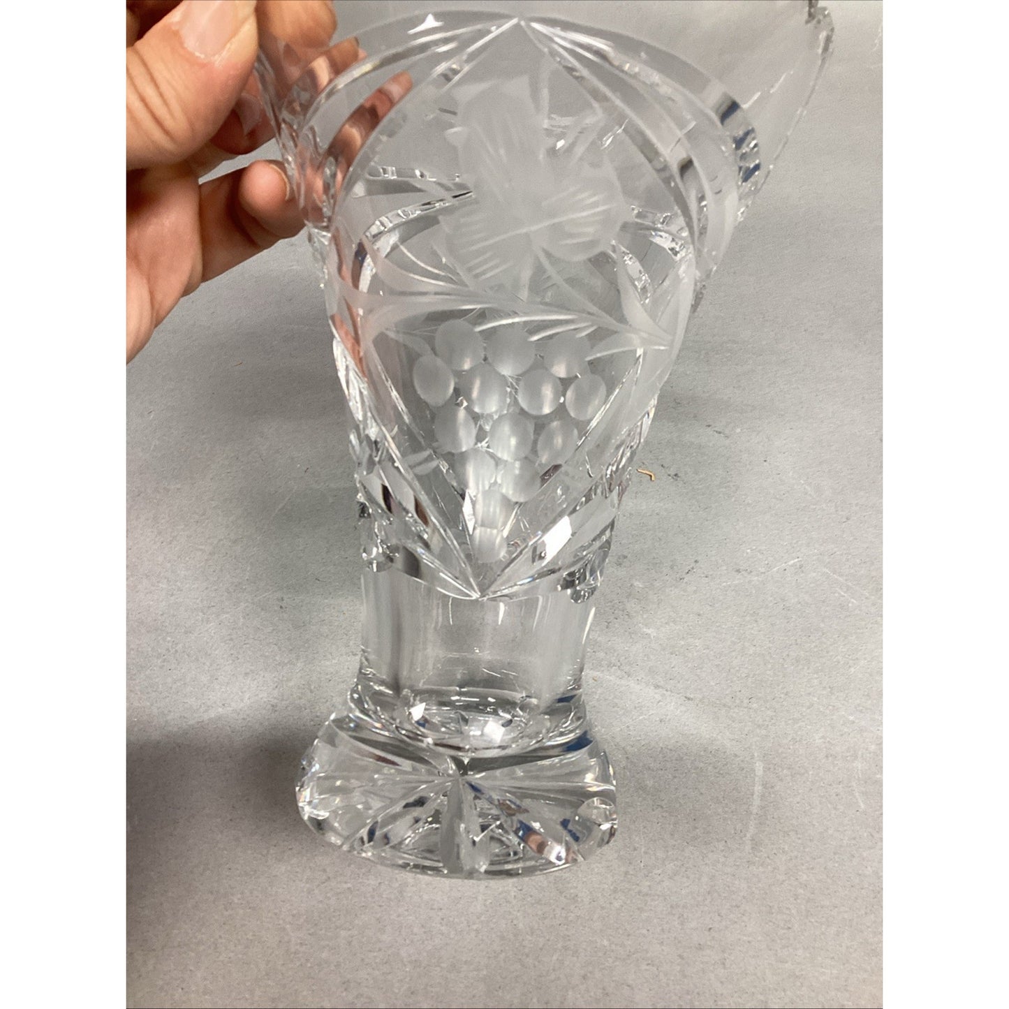 Lausitzer Glass 24% Lead Crystal Etched Hand Cut Vase Germany Grape Pattern