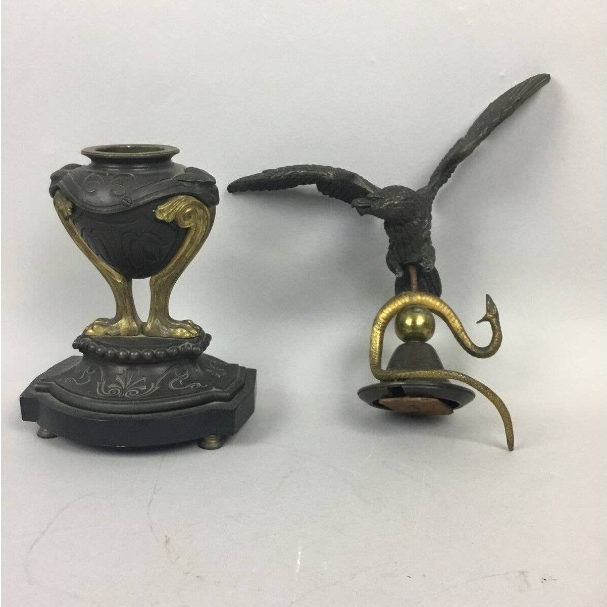 Vintage Bald Eagle Brass With Bell On A Stand With Legs 2 Pc