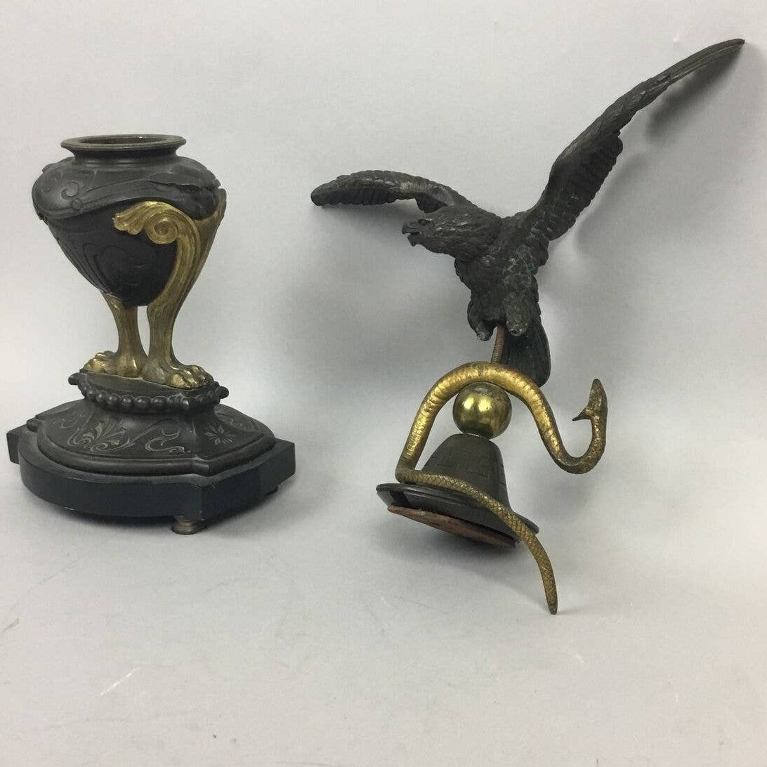 Vintage Bald Eagle Brass With Bell On A Stand With Legs 2 Pc