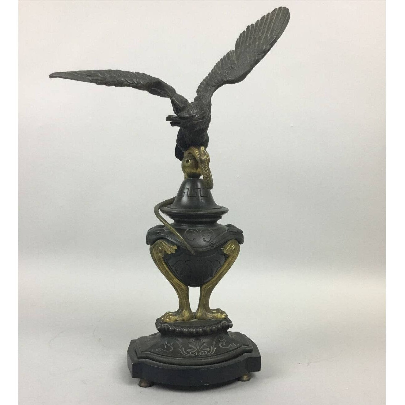 Vintage Bald Eagle Brass With Bell On A Stand With Legs 2 Pc