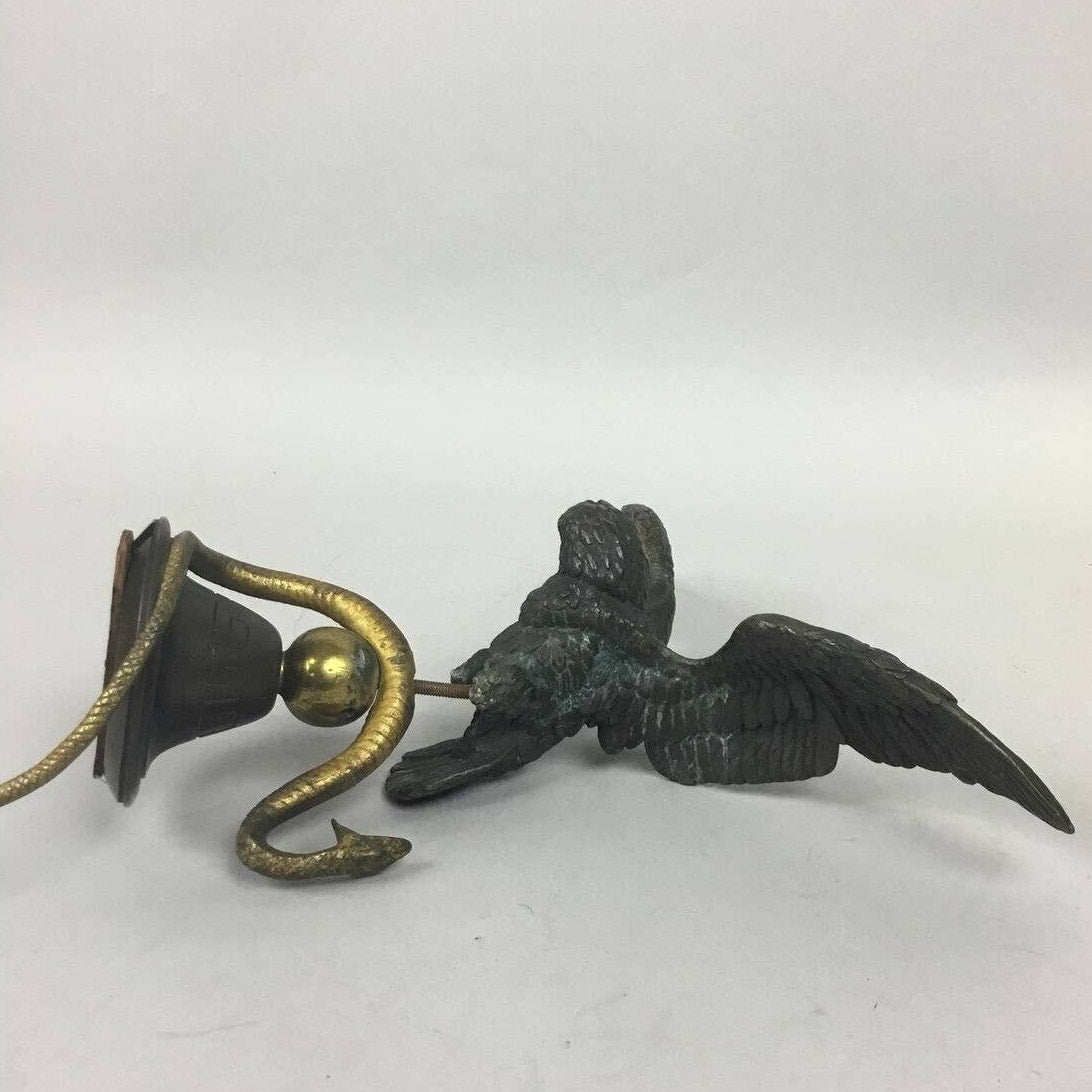 Vintage Bald Eagle Brass With Bell On A Stand With Legs 2 Pc